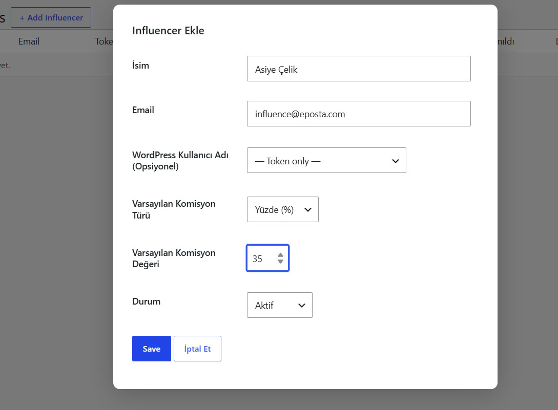Wordpress Influencer Modülü